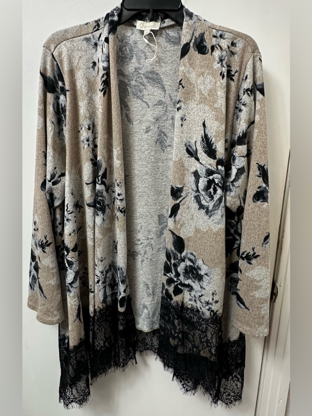 Chenault Beige Floral Open-Front Cardigan with Black Lace Trim